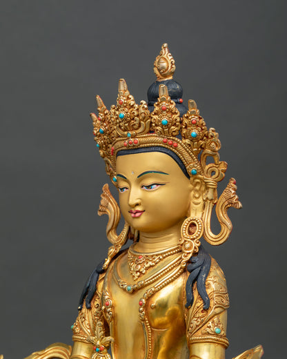 Amitayus Buddha Statue side face detail gold fire gilded copper Buddhist art.