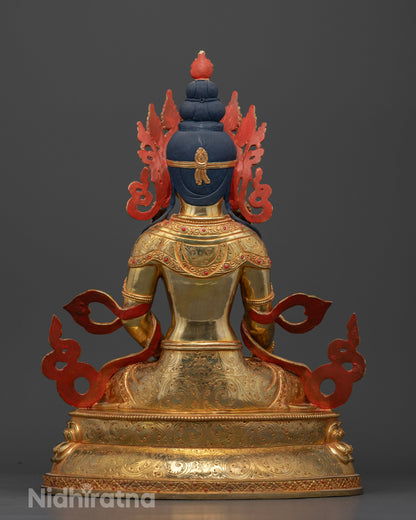 Amitayus Buddha statue with engraved robes and double lotus pedestal.