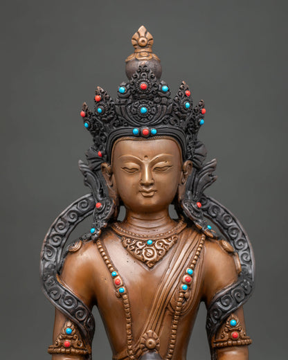 Amitayus Buddha statue with five jewel crown and semi precious stones.