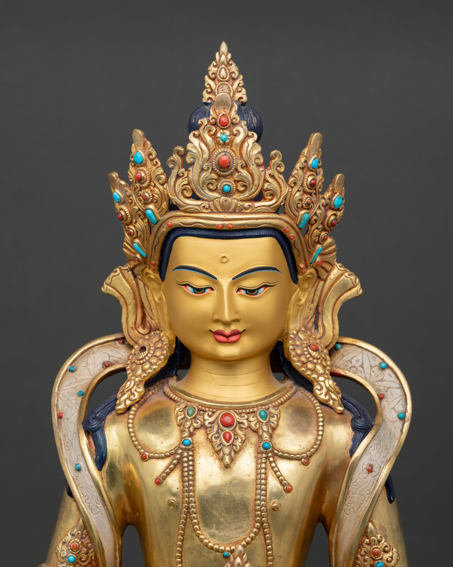Amitayus Buddha Statue with Gold Fire Gilding and Turquoise Coral Inlay Close Up