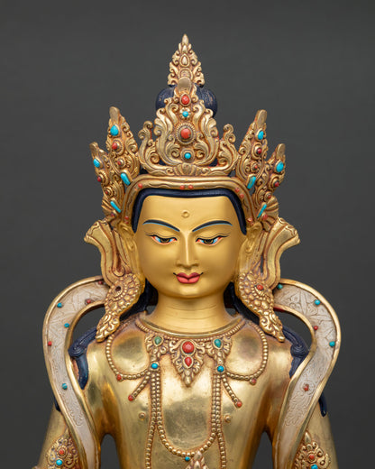 Amitayus Buddha Statue with Gold Fire Gilding and Turquoise Coral Inlay Close Up