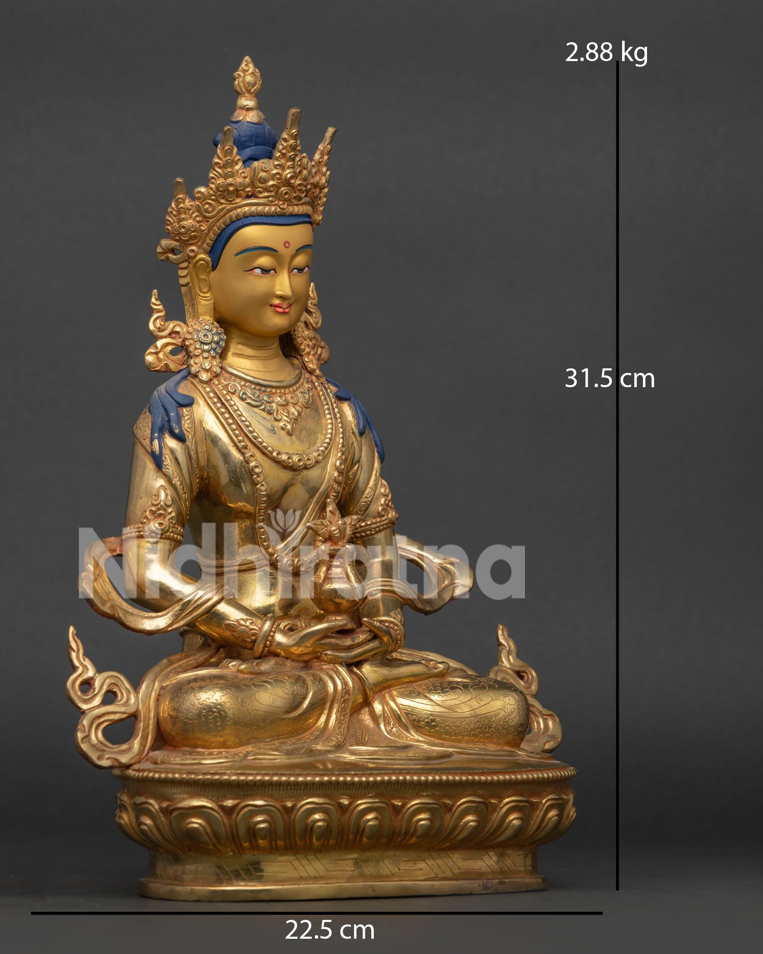Amitayus Buddha Statue with gold painted face and five jeweled crown.