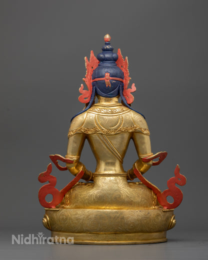 Amitayus Buddha statue with hand carved silk garment and flowing robe.