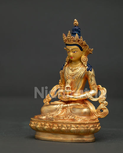 Amitayus Buddha statue with hand carved silk garment and flowing robes.