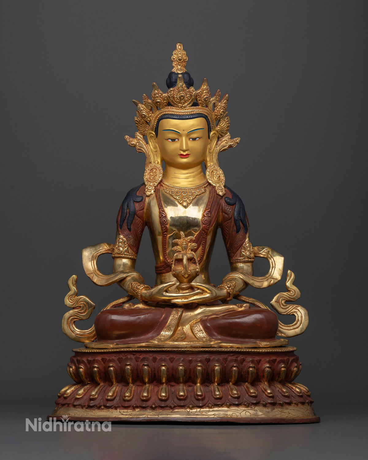 Amitayus Buddha statue with two tone copper finish and Long Life Vase.