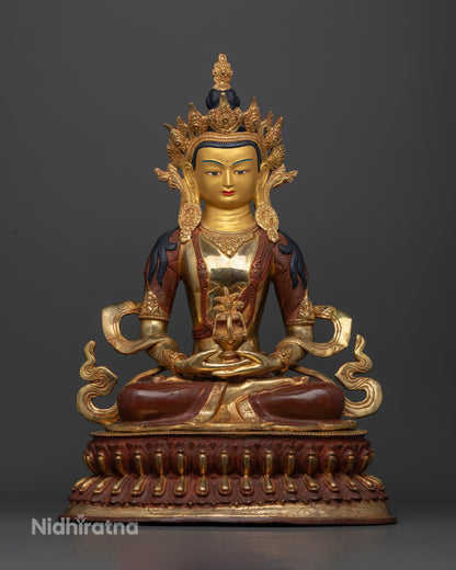 Amitayus Buddha statue with two tone copper finish and Long Life Vase.