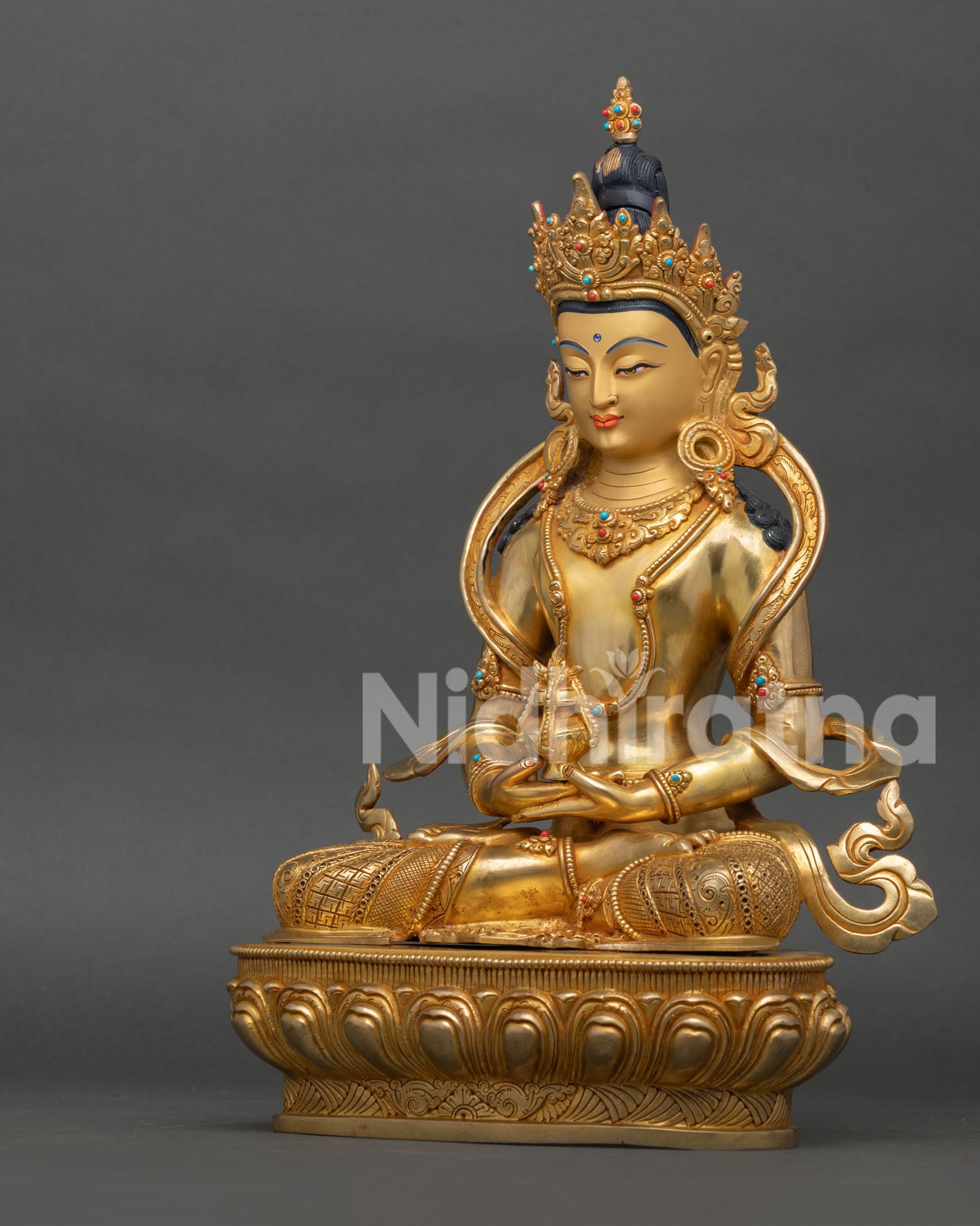 Amitayus deity sculpture with gold fire gilding, handcrafted by Newari artisans in Nepal