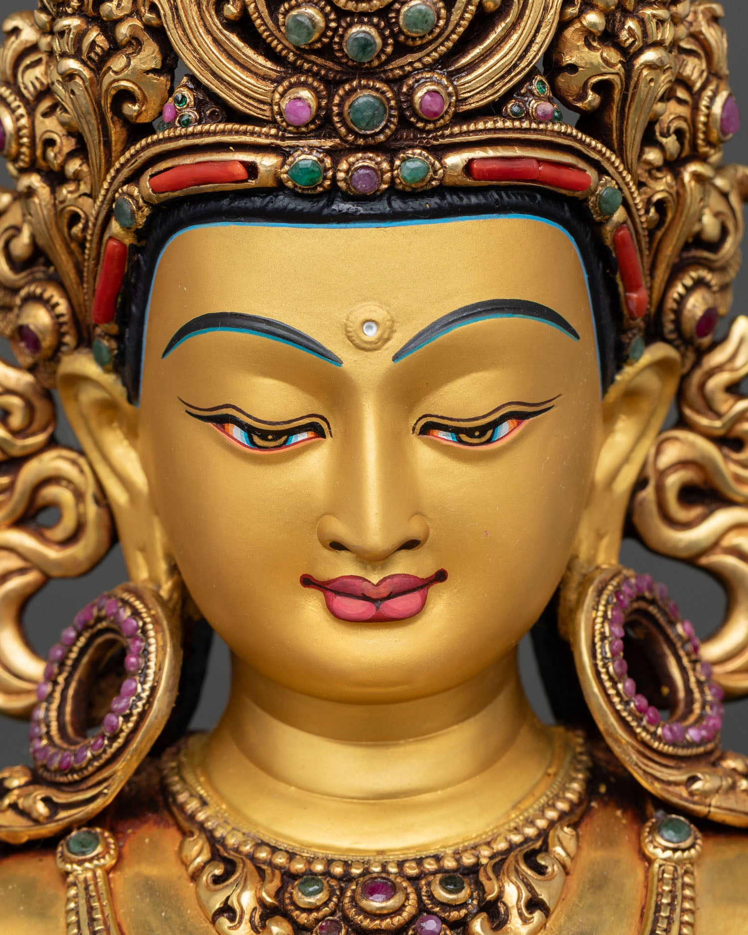 Detailed Close Up Face: Amitayus Face Close Up Gold Painted Buddha Expression Of Long Life And Serenity