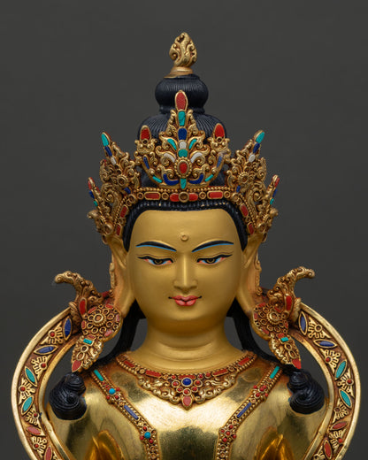 Amitayus face close up gold painted expression turquoise coral inlays detailed halo sacred Himalayan craftsmanship