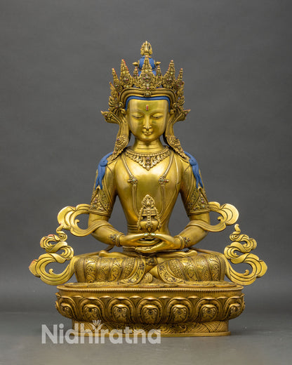 Amitayus long life Buddha statue front view, copper body with 24K gold fire gilding and lotus throne