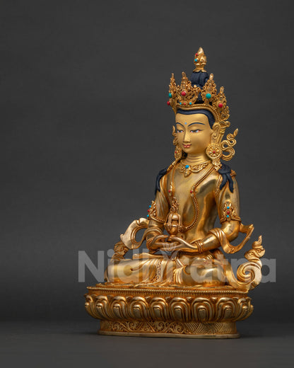 Amitayus Long Life Buddha statue, left side view, Newari hand-cast Buddhist art