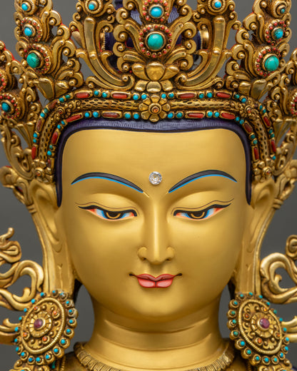 Amitayus Meditation Statue face close-up, gold-painted serene expression detail