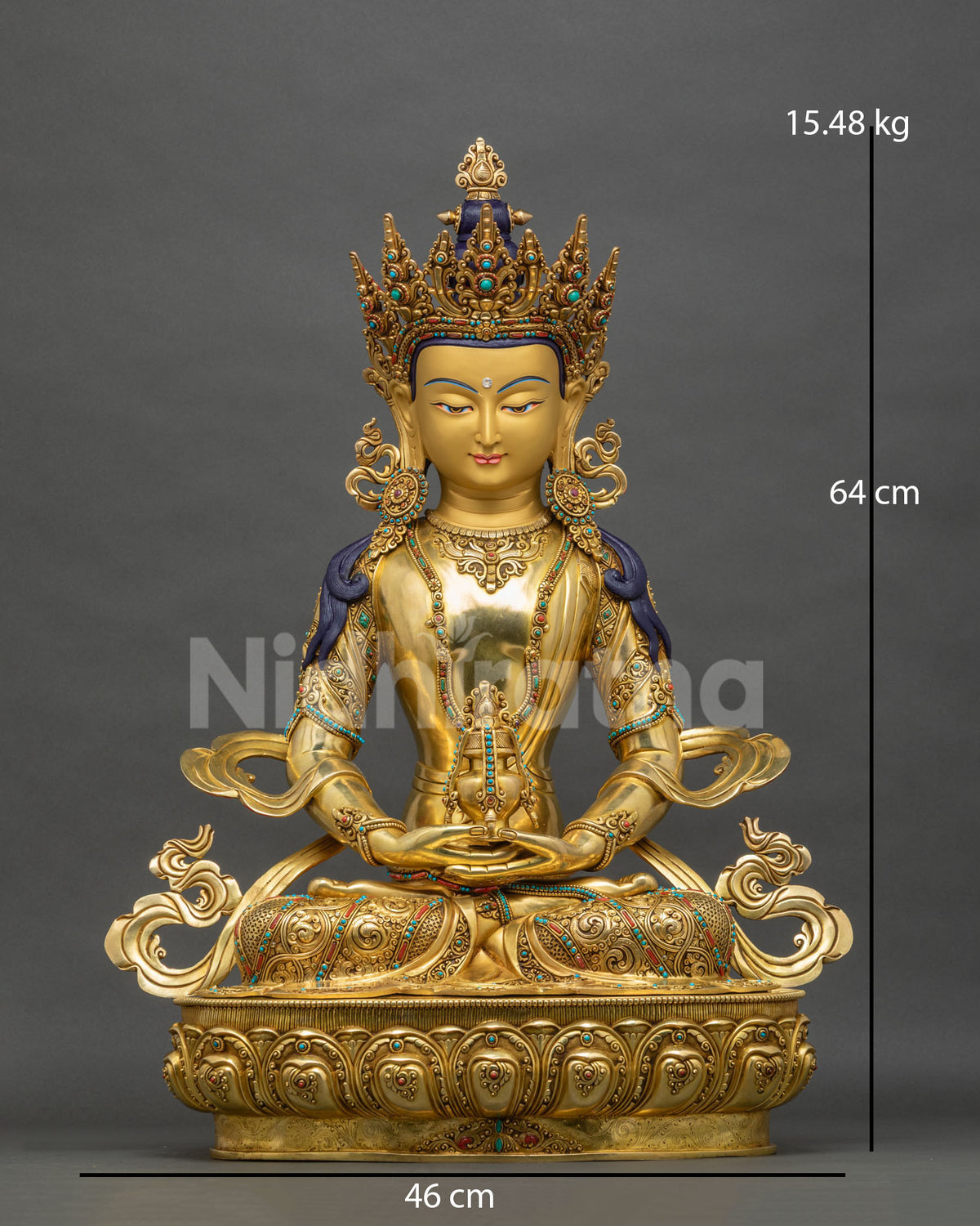 Amitayus Meditation Statue front view, 64cm 24K gold copper Buddha of Longevity