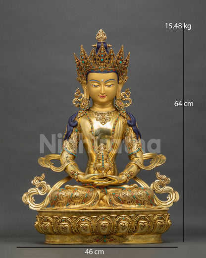 Amitayus Meditation Statue front view, 64cm 24K gold copper Buddha of Longevity