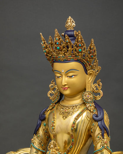 Amitayus Meditation Statue side close-up, hand-inlaid turquoise and coral detail