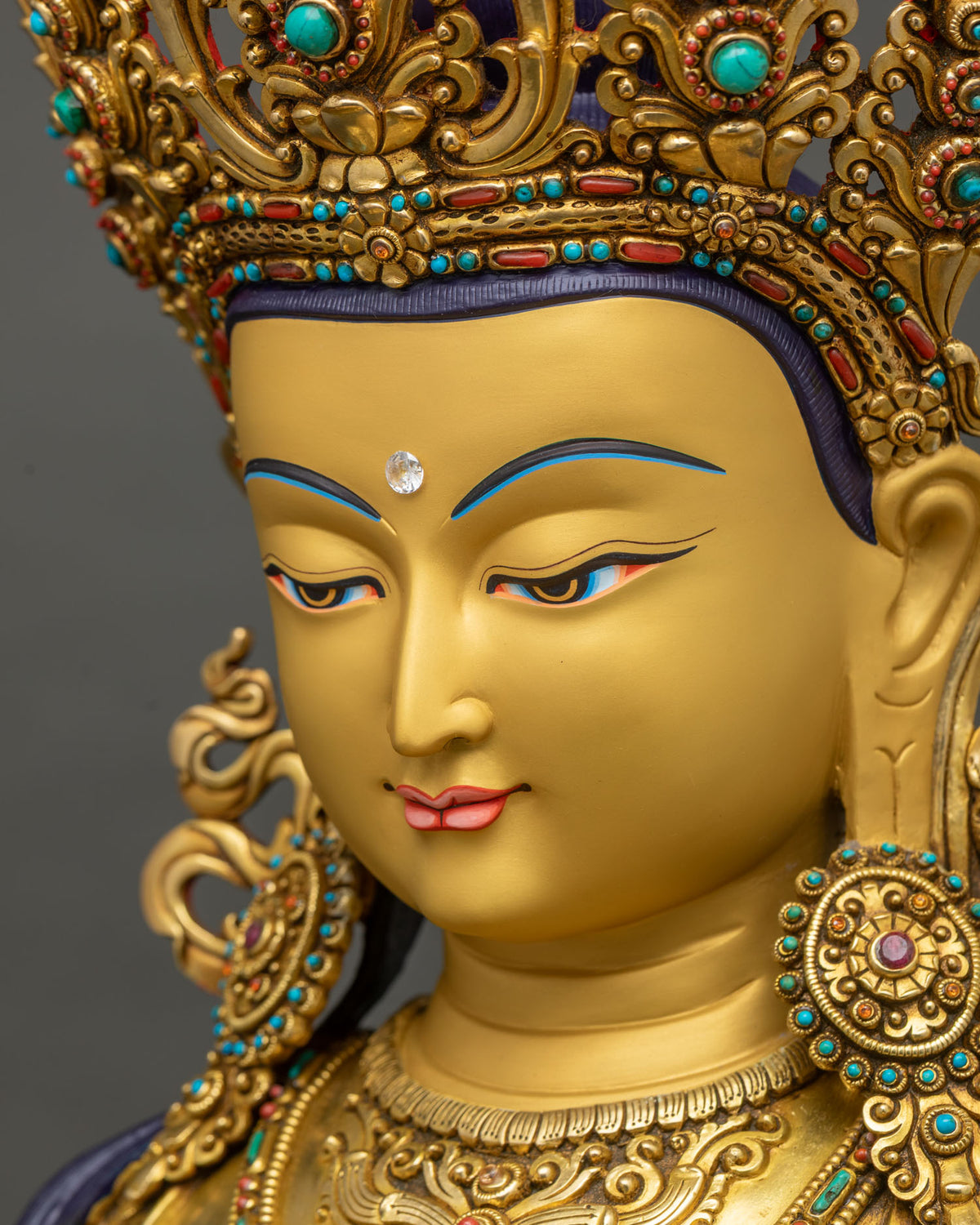 Amitayus Meditation Statue side face close-up, five-jeweled crown detail