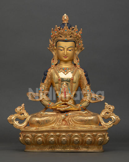 Amitayus sculpture copper gold gilded Nepalese Buddhist statue seated on lotus pedestal with kalasha vase