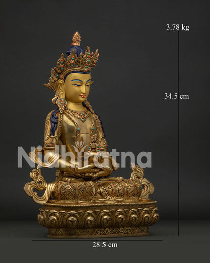 Amitayus seated on a lotus pedestal holding the sacred Long Life Vase.