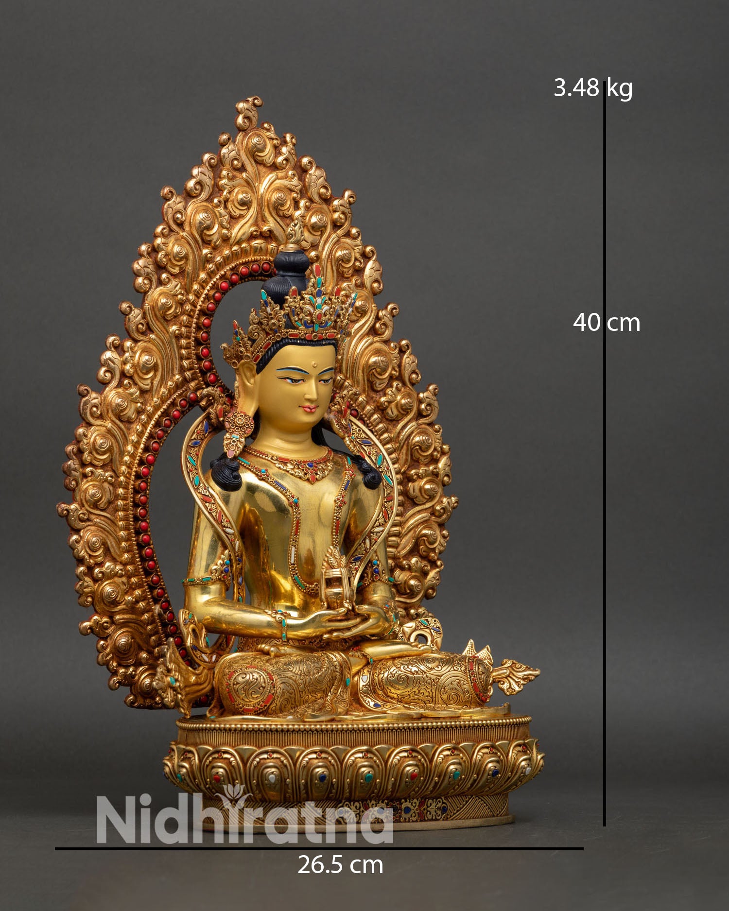Amitayus side view seated posture holding immortal nectar vase gold gilded copper sculpture spiritual abundance decor