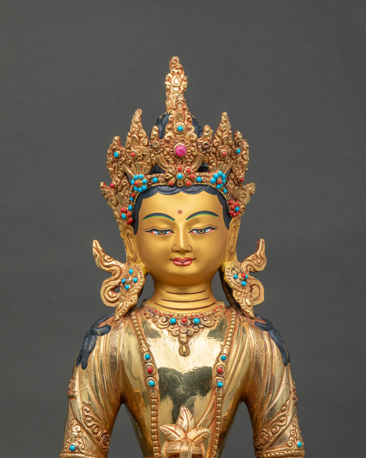 Amitayus statue 24K gold painted face five jewel crown and necklaces.