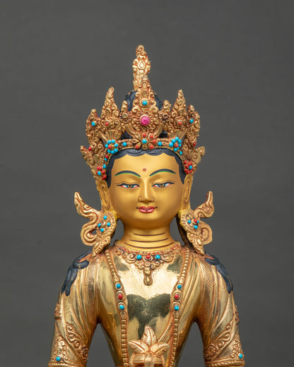 Amitayus statue 24K gold painted face five jewel crown and necklaces.