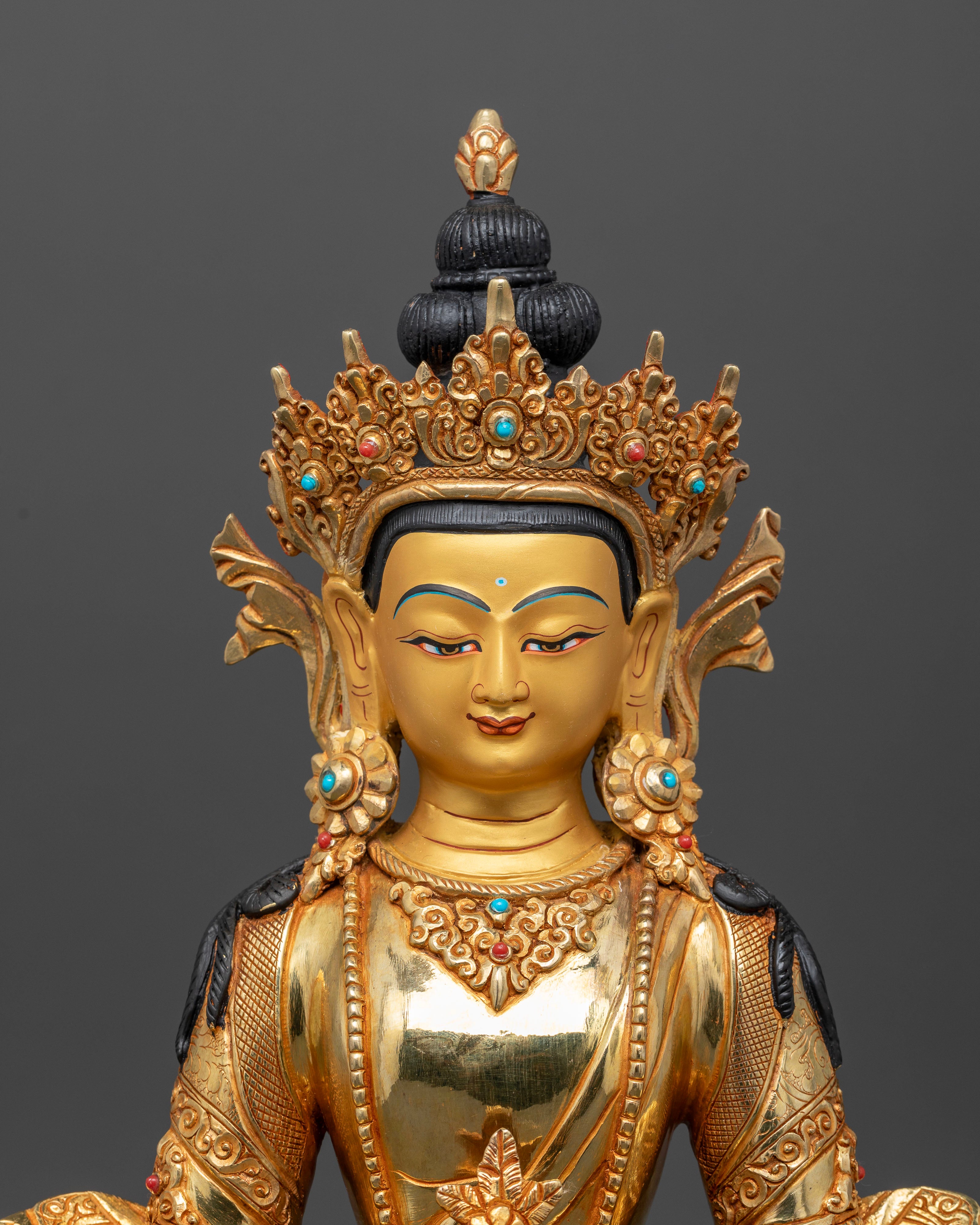 Amitayus statue 24K gold painted face five jewel crown lotus pedestal.