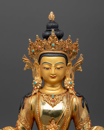 Amitayus statue 24K gold painted face five jewel crown lotus pedestal.