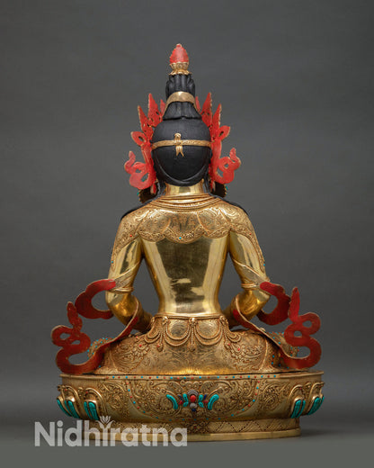 Amitayus statue back view, detailed lotus throne carving, copper gilded Himalayan sculpture Nepal