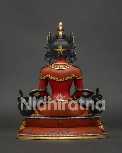amitayus statue back view showing intricate robes handcrafted copper and gold gilding