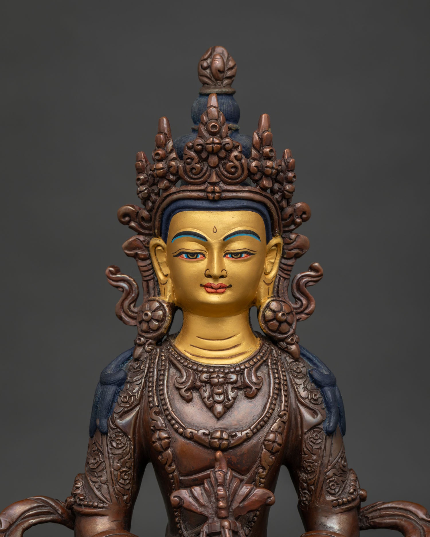 Amitayus Statue Buddha of Infinite Life Holding Sacred Longevity Vase Close Up.