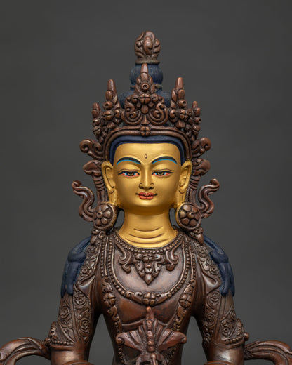 Amitayus Statue Buddha of Infinite Life Holding Sacred Longevity Vase Close Up.