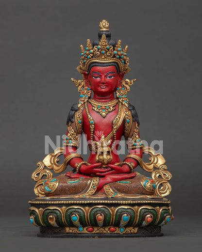 Amitayus statue, the Buddha of Infinite Life, holding the vase of longevity, merit, and blessings.