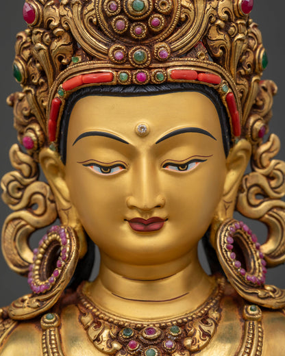 Amitayus Statue face close-up, hand-painted gold expression of serene wisdom