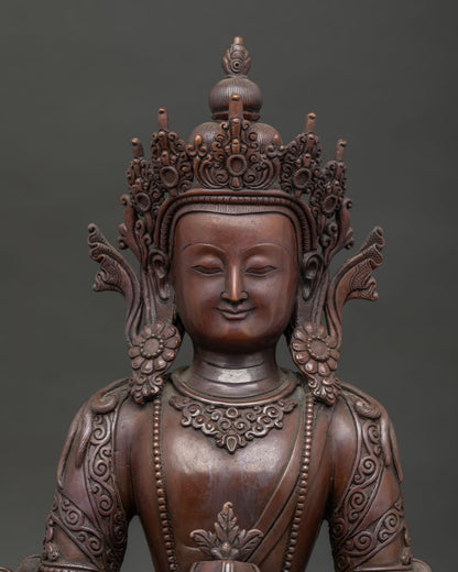 Amitayus statue face close up highlighting serene expression and detailed Nepalese craftsmanship.