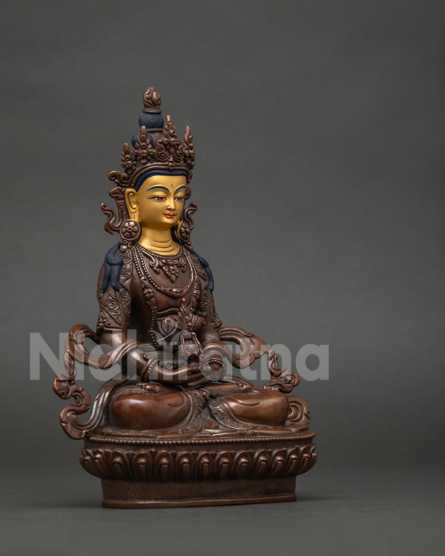 Amitayus Statue Five Jewel Crown Hand Carved Floral Motifs Nepalese Buddhist Art.