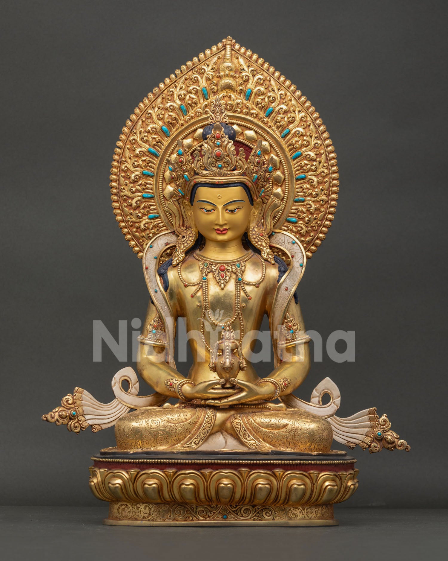Amitayus Statue for Meditation Handmade in Nepal with 24K Gold Fire Gilding Front View