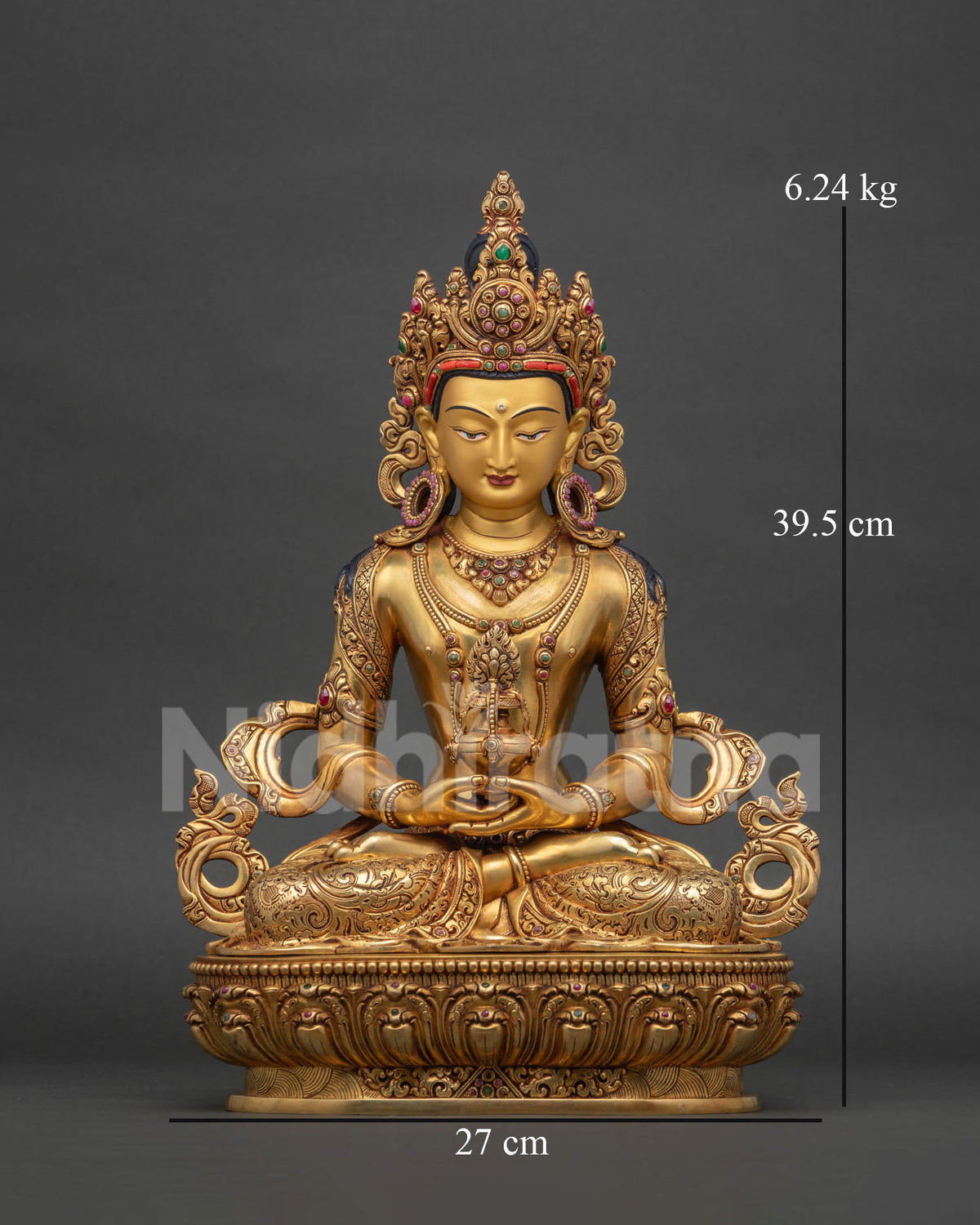 Amitayus Statue front view, 24K gold fire-gilded copper Buddha of Infinite Life