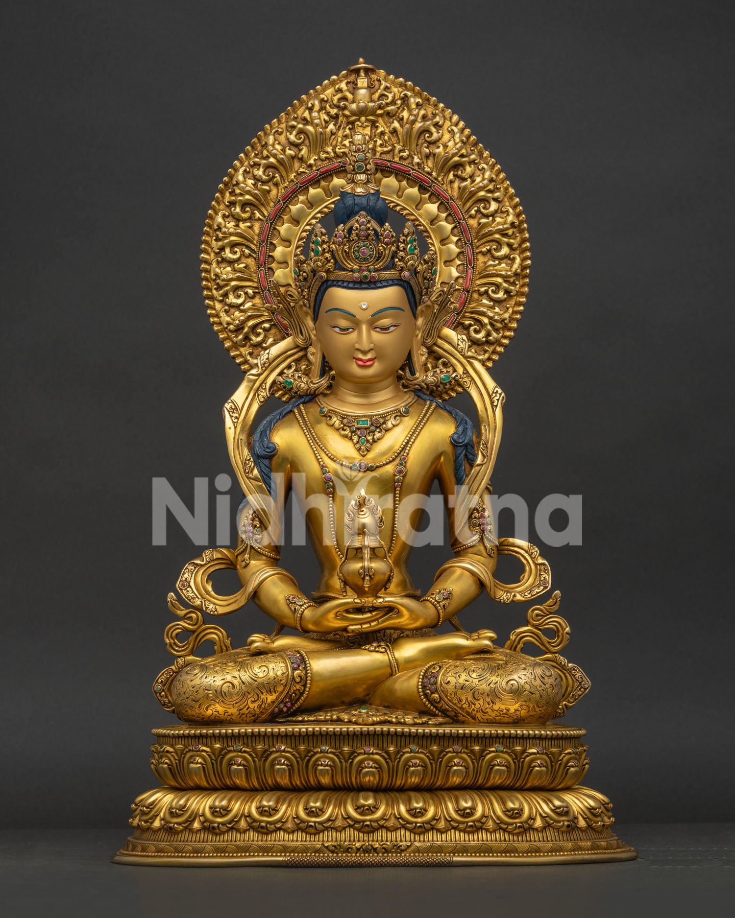 Amitayus Statue front view 24K gold-gilded copper Buddhist sculpture from Nepal