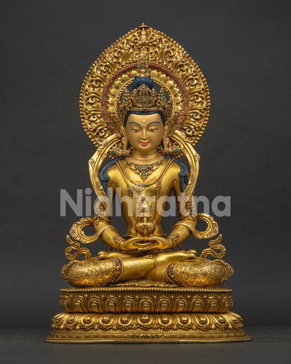 Amitayus Statue front view 24K gold-gilded copper Buddhist sculpture from Nepal