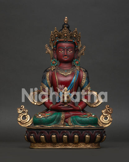 Amitayus Statue Front View Gold Gilded Copper Buddhist Sculpture from Nepal.
