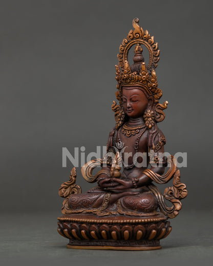 Amitayus Statue with Hand Carved Floral Motif Silk Garment.
