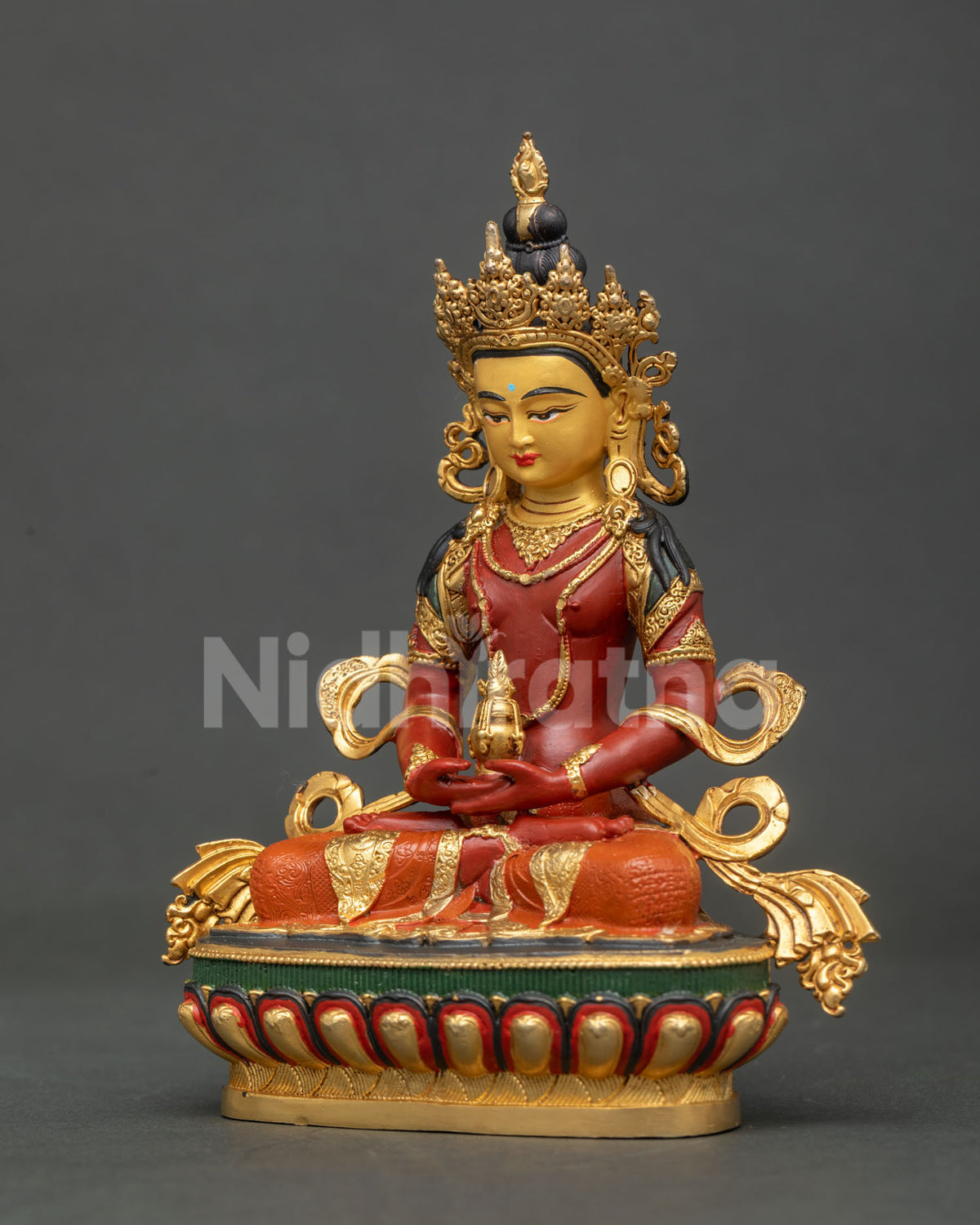Amitayus statue hand carved floral silk garment flowing robe.