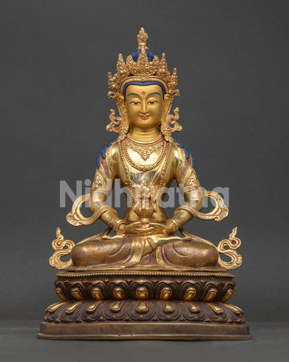 Amitayus Statue, handcrafted by Newari artisans in Patan, Nepal with gold gilded copper