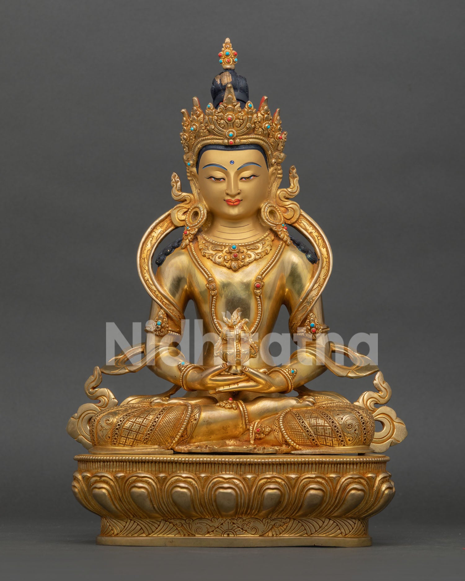 Amitayus statue handcrafted in Nepal with 24k gold gilding for meditation and longevity blessings
