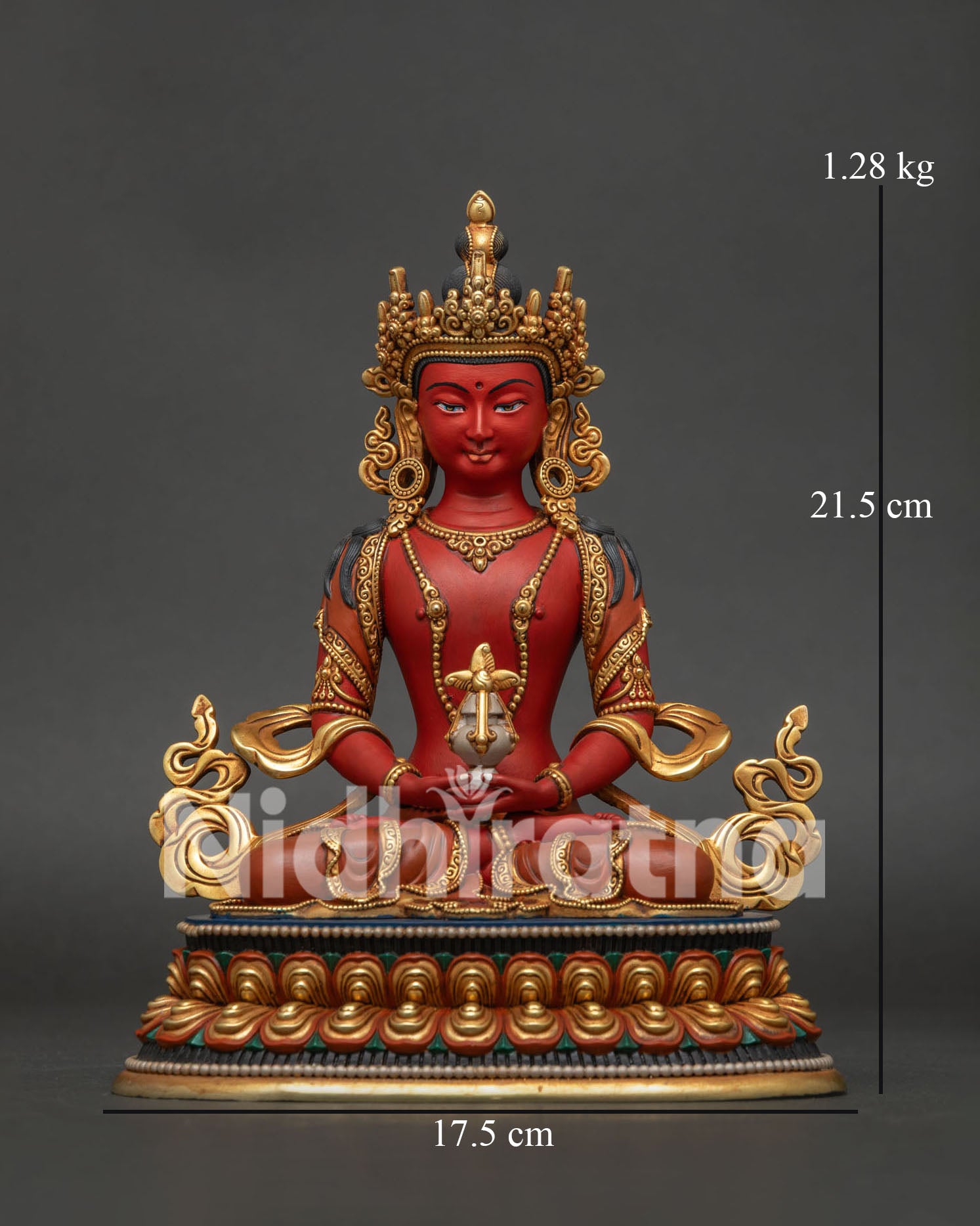 amitayus statue handcrafted in nepal with copper casting and gold gilded details front view