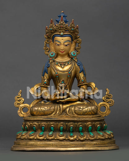amitayus statue handcrafted in nepal with gold fire gilding turquoise coral and lotus throne