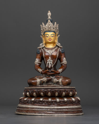 Amitayus statue, holding longevity vase with detailed Buddhist artwork