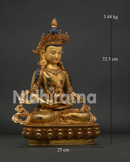 Amitayus statue in Dhyana Mudra with semi precious stone decoration.