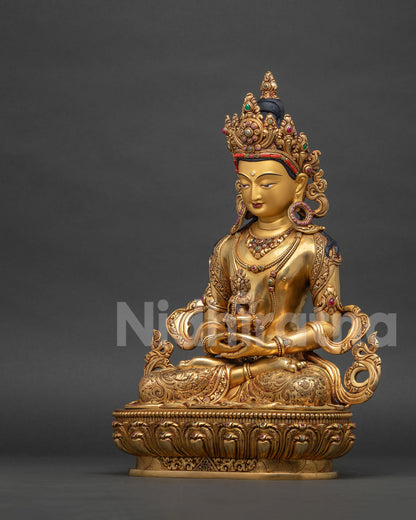 Amitayus Statue left side view, 24K gold fire-gilded copper Buddha sculpture