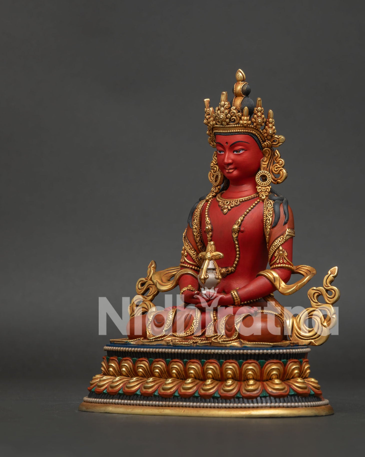 amitayus statue left side view showing acrylic painting copper craftsmanship and gold details